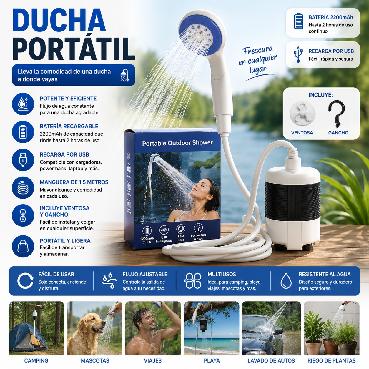 Ducha portátil con manguera de 1.5m