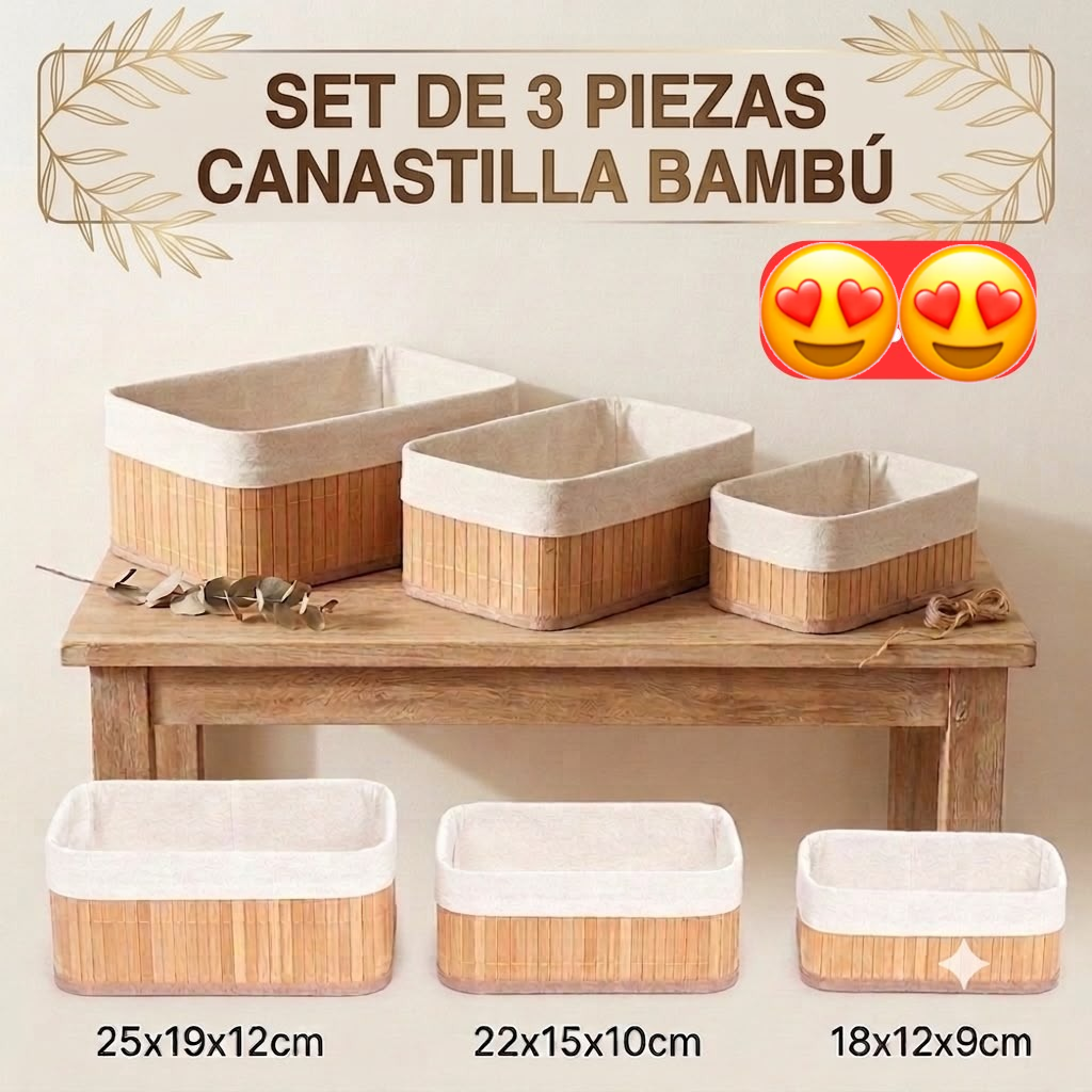 Set de 3 Piezas Canastilla Bambú